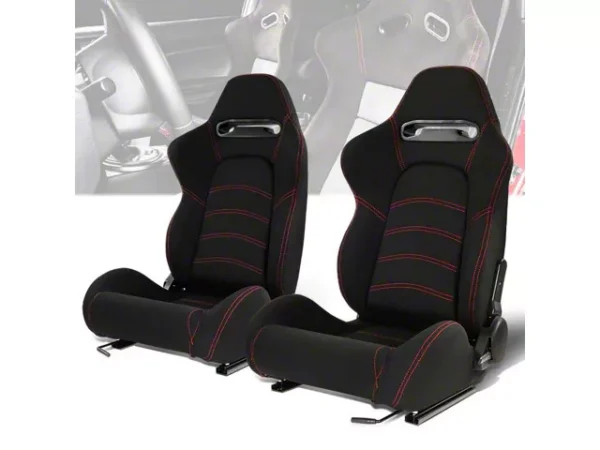 Woven Fabric Racing Bucket Seats with Seat Sliders; Black with Red Stitching